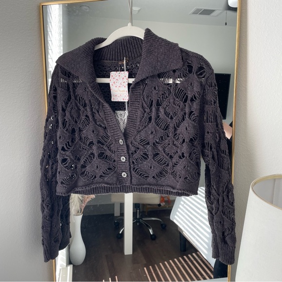 NWT Free People Gray Open Knit Cropped Cardigan - Picture 1 of 3